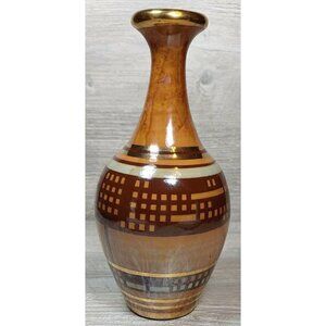 VTG Studio Art Pottery Gold Rim Hand Painted Brown Stoneware Pot Vase Dripped